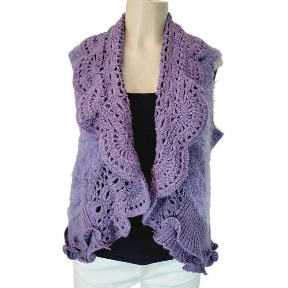 Roz & Ali Womens Plus Size 14/16 Purple Fuzzy Patterned Sweater Vest Cardigan - Picture 1 of 12